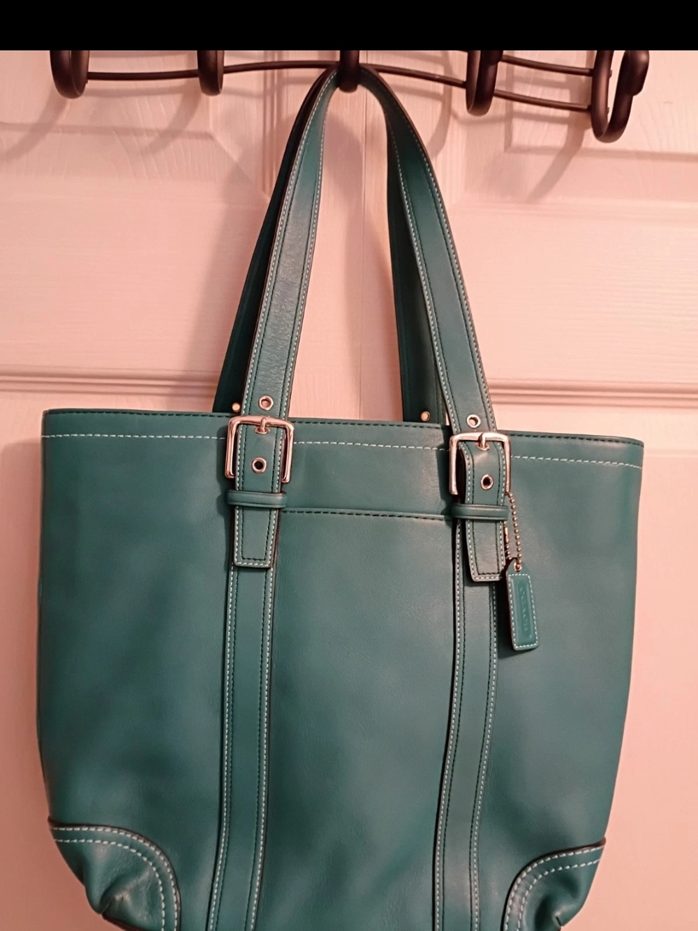 Coach Gallery Tote Teal Leather Tote with Buckle Strap Detail